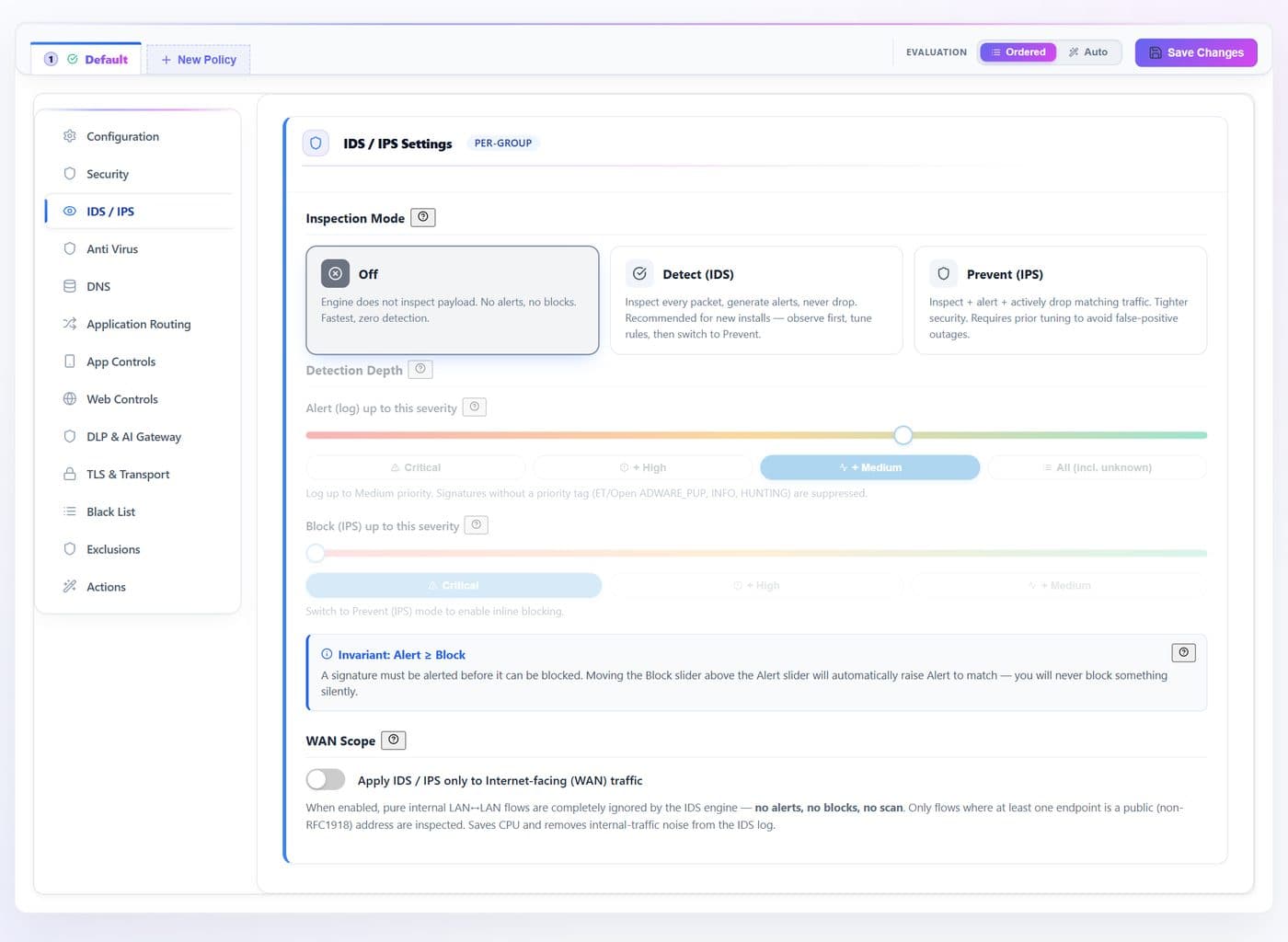 The intrusion detection and prevention tab: rule sources, the action taken on a match, and the severity threshold that governs it.