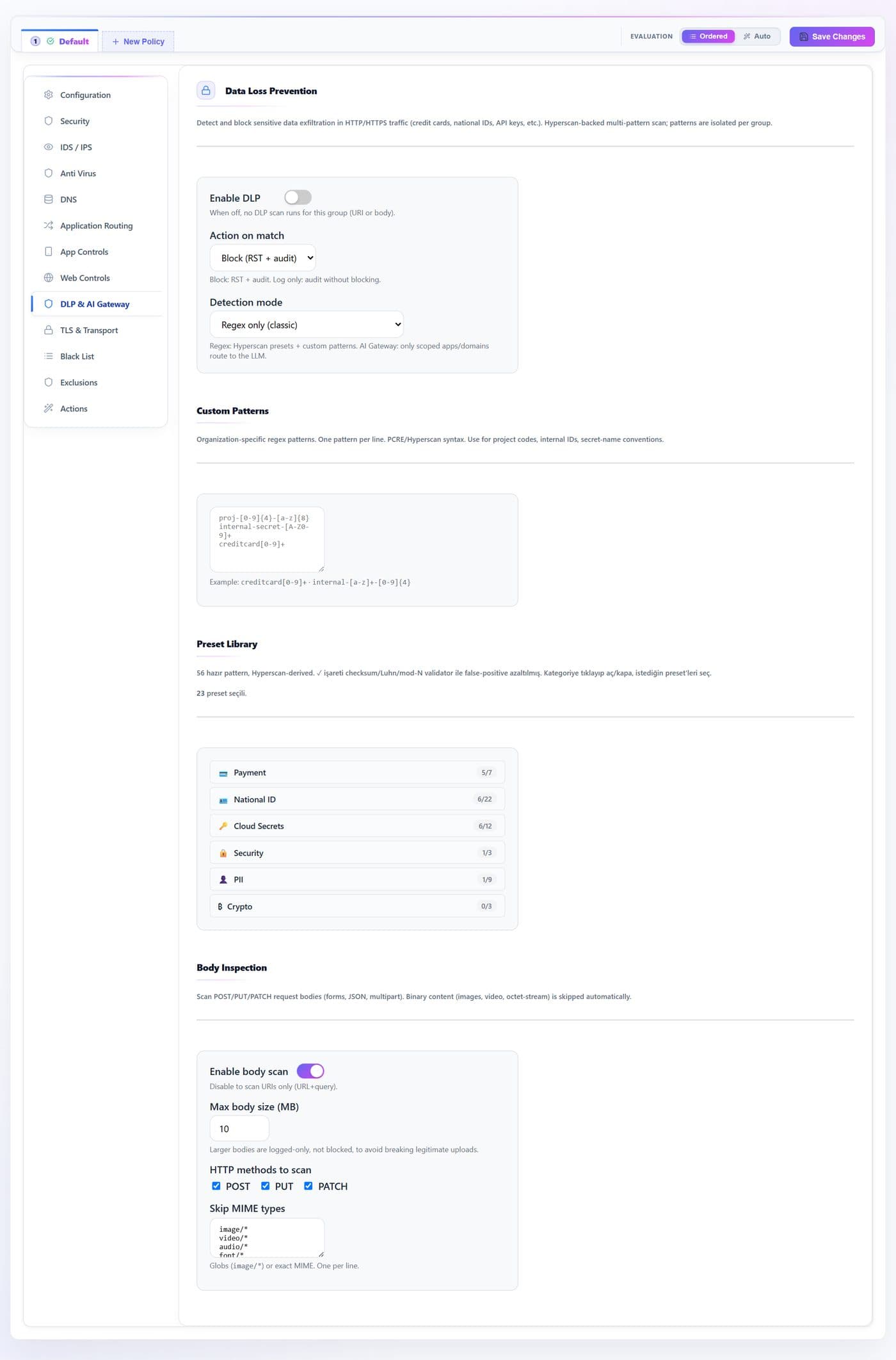 DLP · Regex mode — every documented control marked