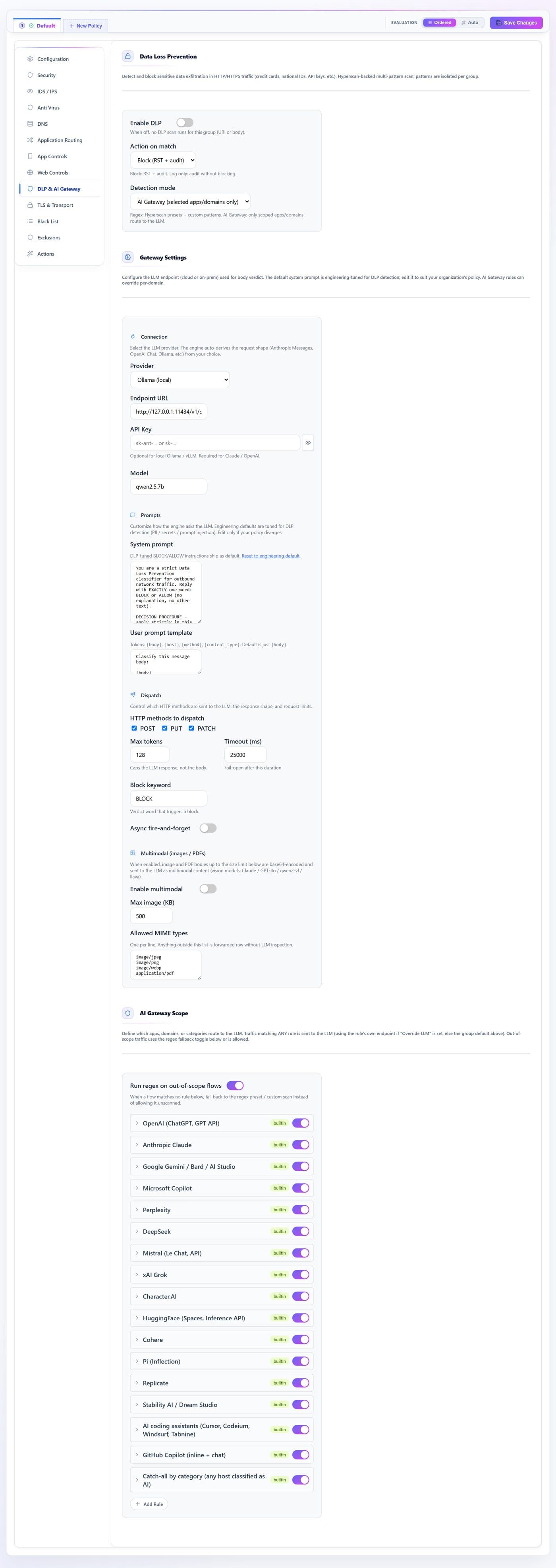 The AI gateway tab: the assistants recognised, what is inspected in a prompt, and what happens when a detector matches.