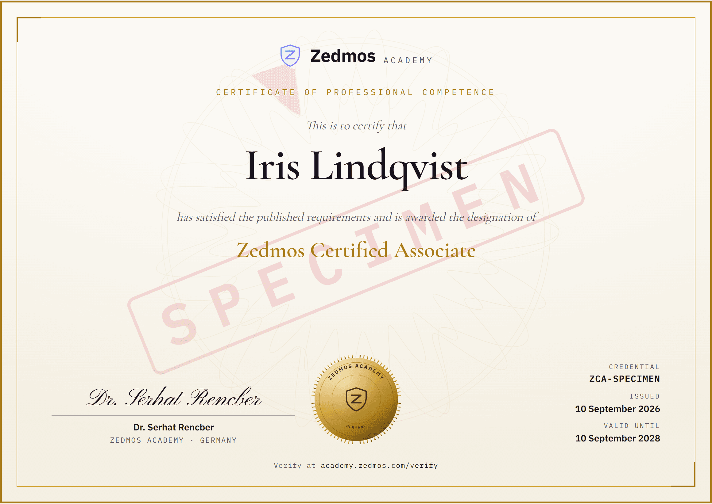 A specimen Zedmos Academy certificate: ruled border, guilloche background, the holder's name, the designation Zedmos Certified Associate, a gold seal, a signature and the credential number, watermarked Specimen.
