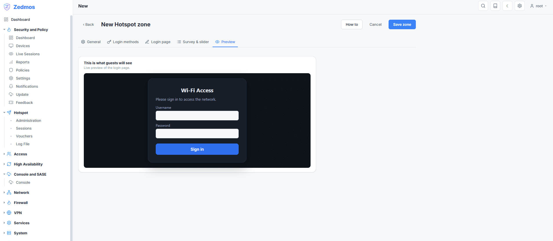 A captive-portal zone with its own login methods and sign-in page, shown here in the preview that says exactly what a guest will see before the zone is saved.