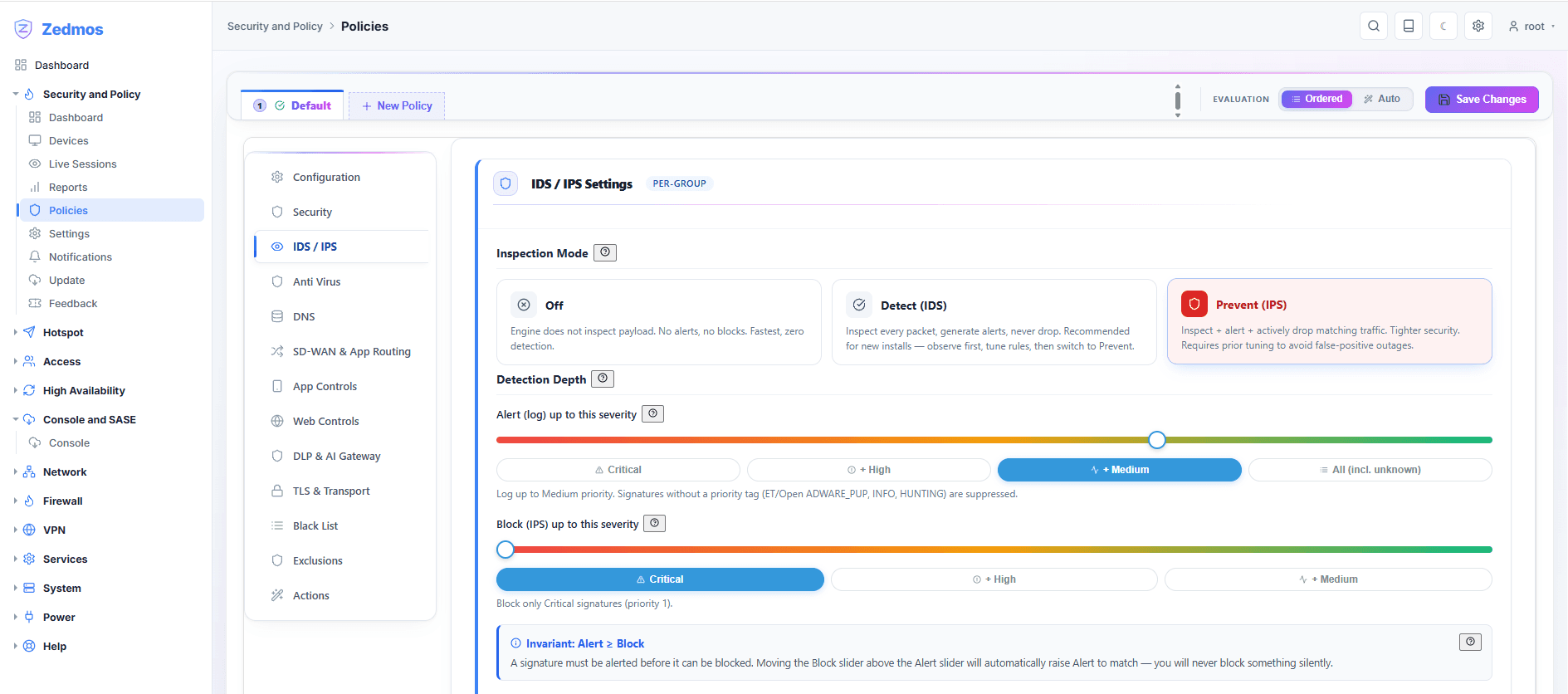 Per policy group: off, detect or prevent, with separate severity thresholds for alerting and for blocking. A signature has to be alerted before it can be blocked, so nothing is ever dropped silently.