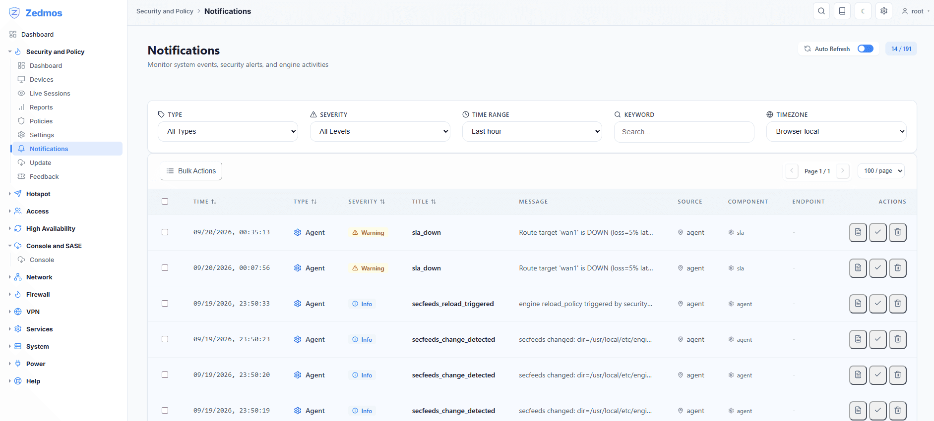 System events, security alerts and engine activity in one list, each with its severity, source and component — a degraded route target reports itself here before anyone notices the path.
