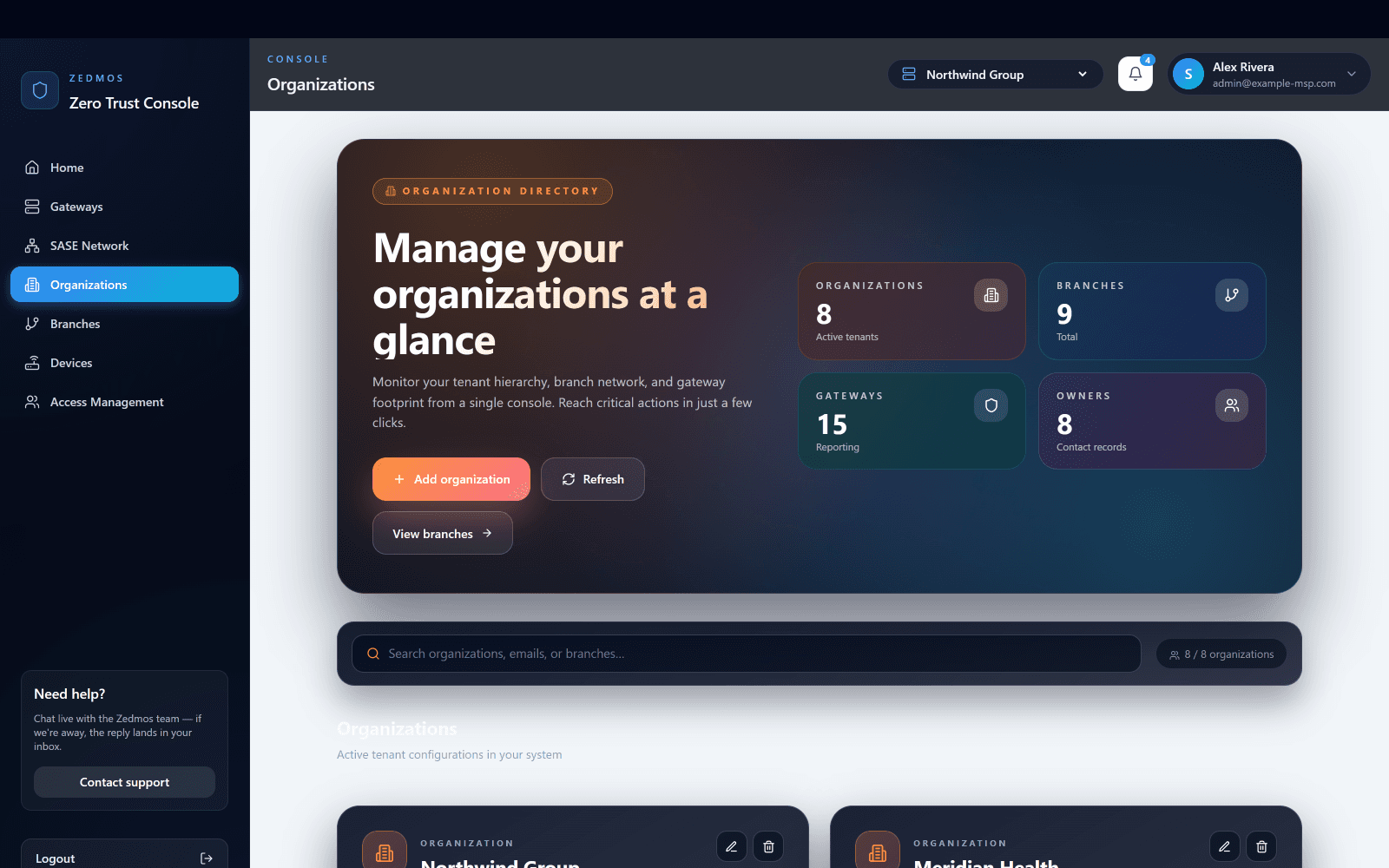 Zedmos Console — the organisation directory, with tenant, branch and gateway counts