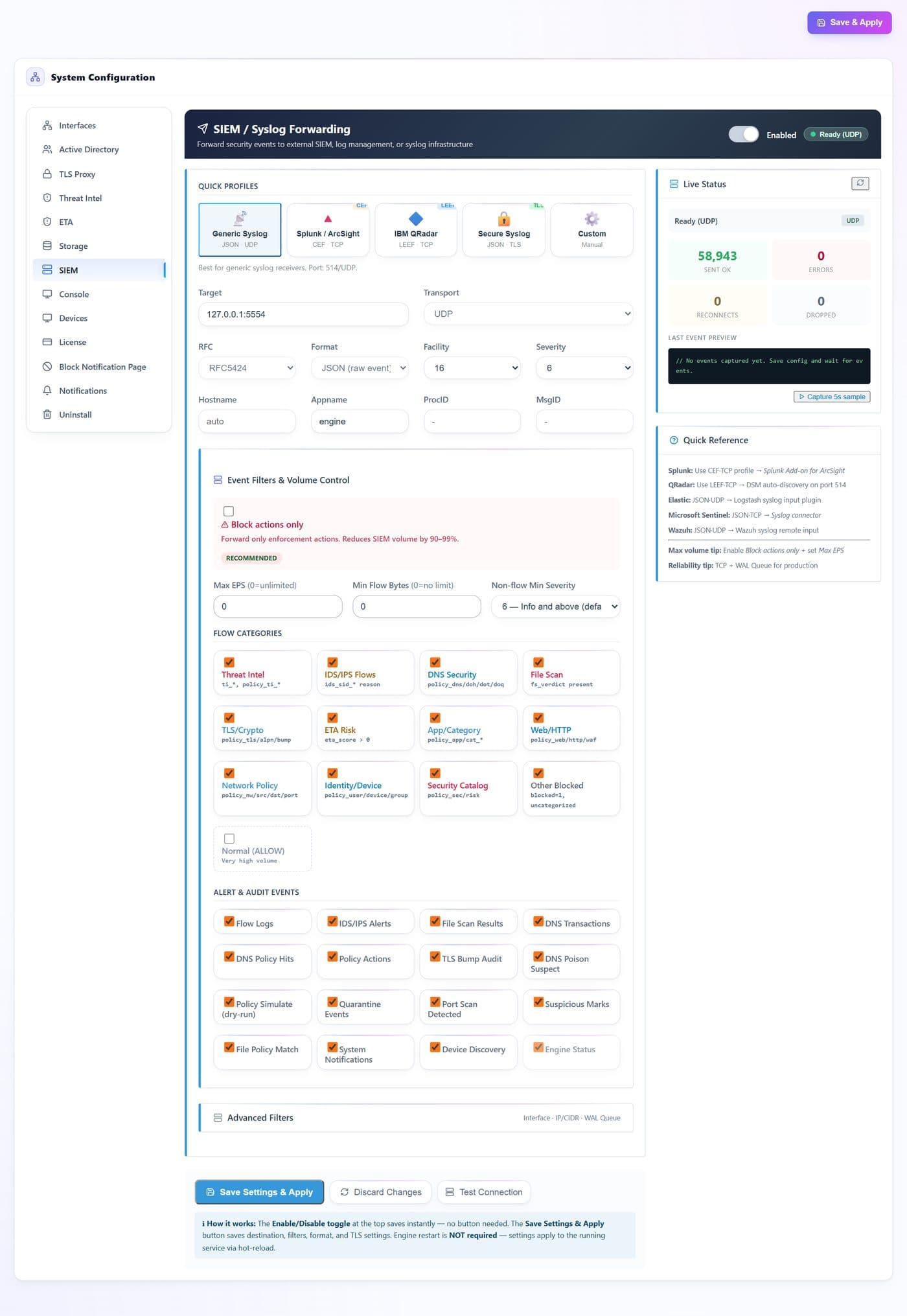 The SIEM forwarding screen on the firewall: preset profiles for Splunk, QRadar and secure syslog, the destination and format fields, a volume-control panel with an events-per-second ceiling, and checklists of the flow categories and audit events to forward.