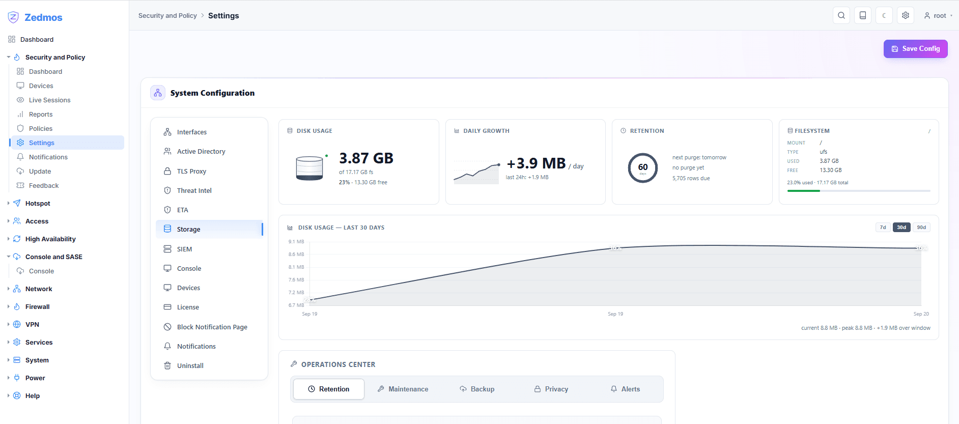 How much the records use, how fast they grow and when the next purge runs, with the retention window, the filesystem behind them and the operations for backup and privacy in the same place.