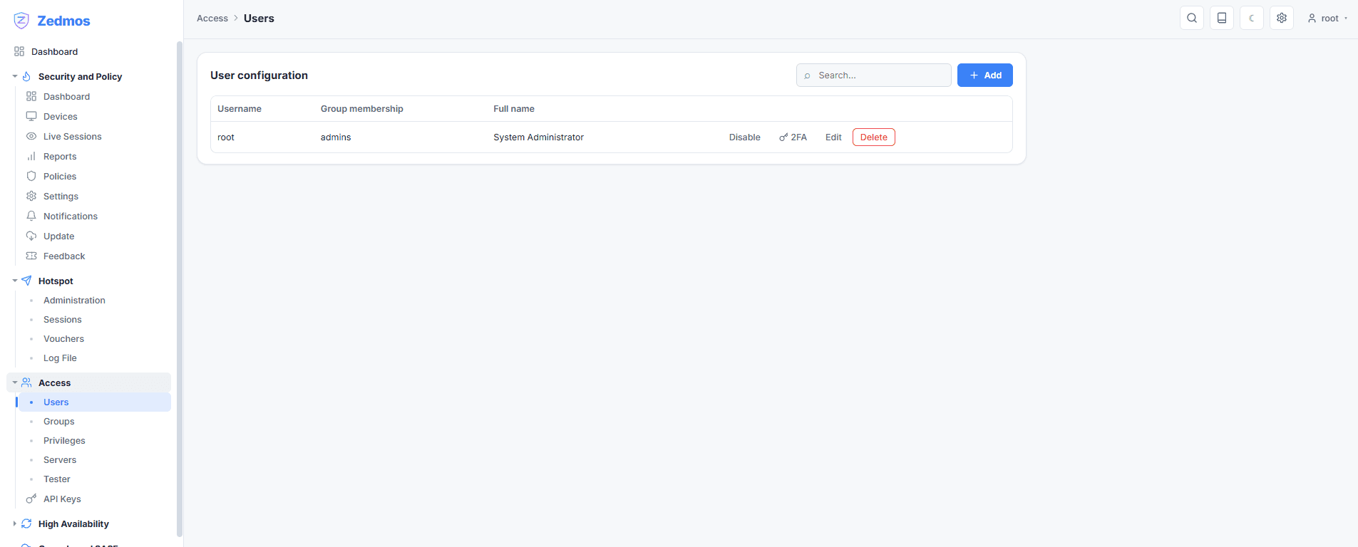 Local administrators with their group membership, each one able to carry two-factor authentication; groups, privileges, directory servers and API keys sit beside it.