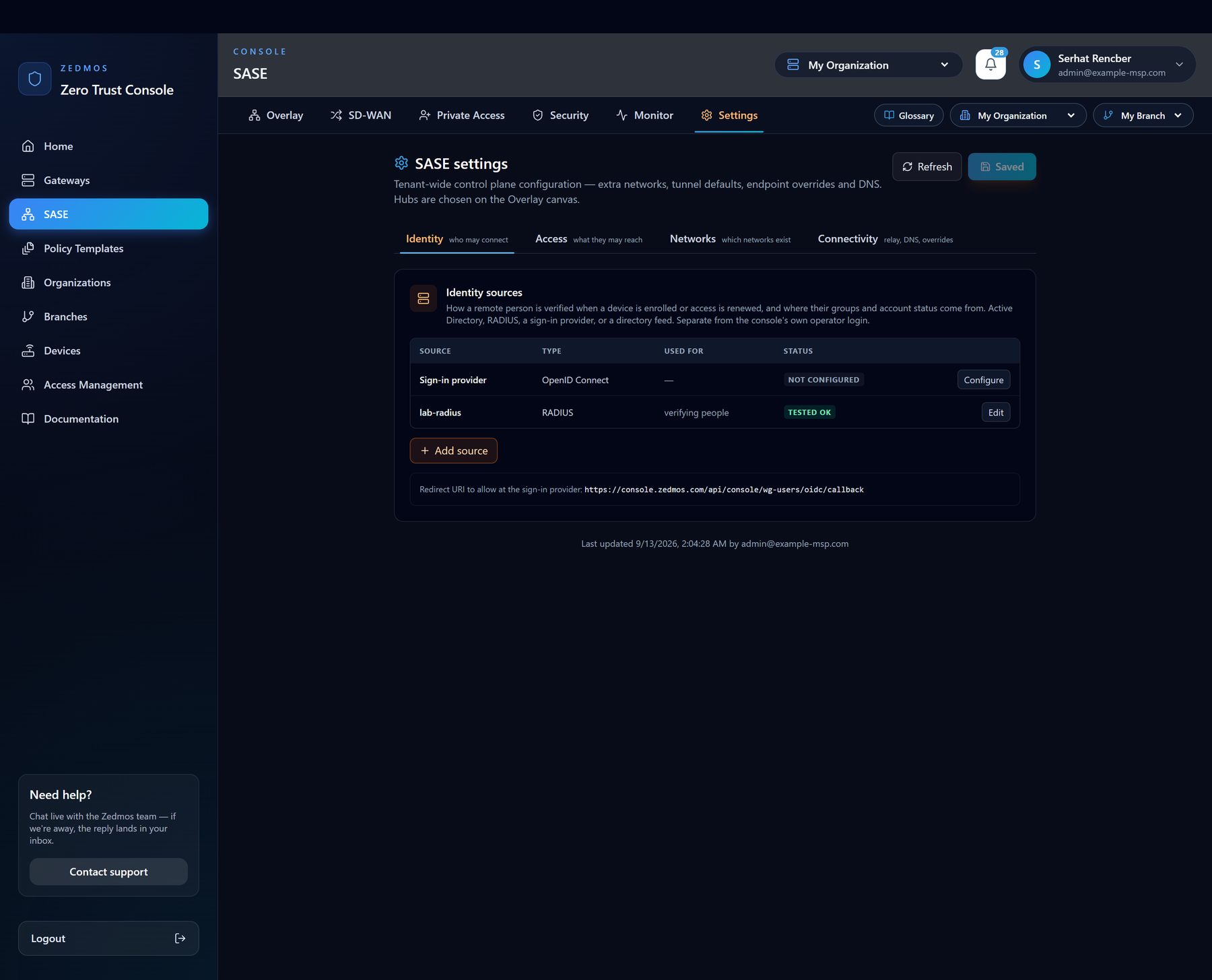 Identity: the sign-in provider at the top, then every directory the console reads people and groups from.